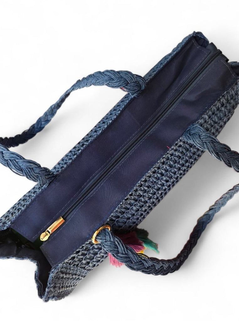 Χειροποίητη Τσάντα Μεγάλη B702 - Μπλέ Ψάθα