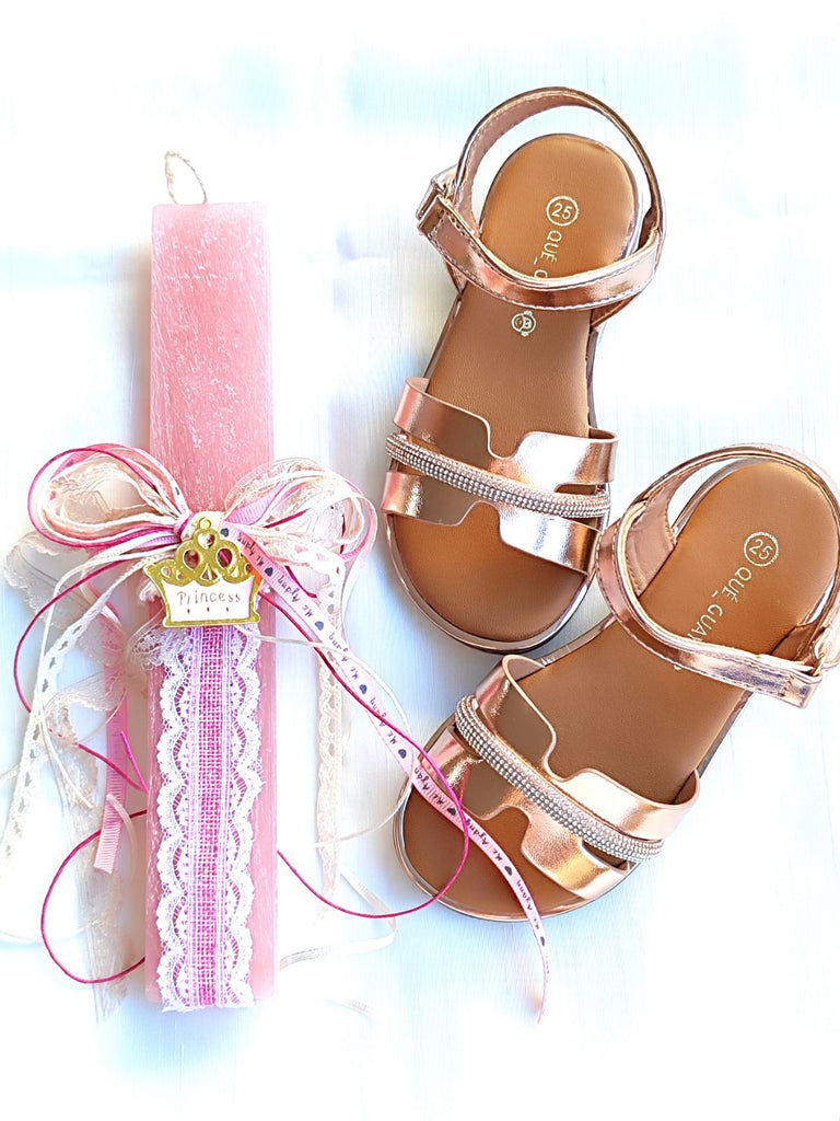 Λαμπάδα με Παιδικό Σανδάλι Κορίτσι LP06 - Ροζ Χρυσό Στρας