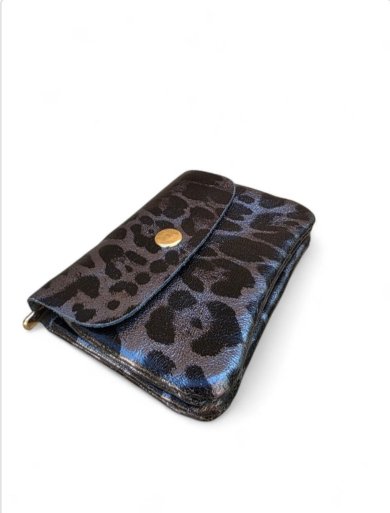 Δερμάτινο Γυναικείο Πορτοφόλι B703 - Μαύρο & Ατσαλί Λέοπαρ