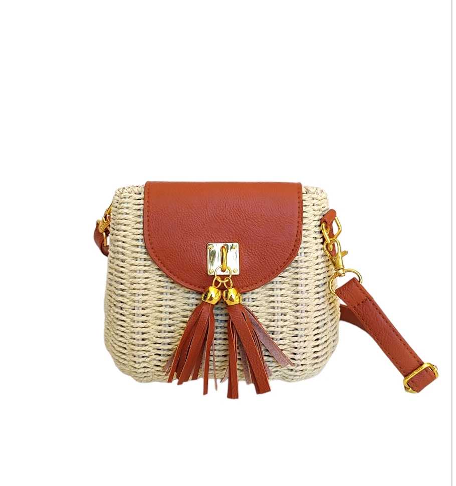 Ψάθινη Τσάντα Οβάλ B810 - Λευκό με Ταμπά