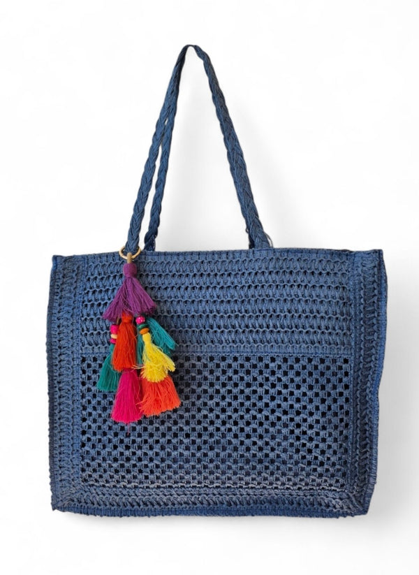 Χειροποίητη Τσάντα Μεγάλη B702 - Μπλέ Ψάθα